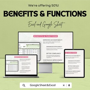 May include: An advertisement for Excel and Google Sheet benefits and functions. The image shows a laptop, a desktop monitor, and a tablet displaying spreadsheets. Text includes "Benefits & Functions" and "Improved Accountability."