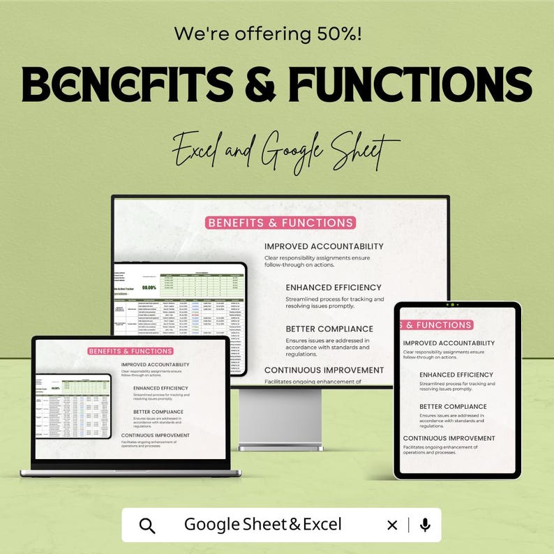 May include: An advertisement for Excel and Google Sheet benefits and functions. The image shows a laptop, a desktop monitor, and a tablet displaying spreadsheets. Text includes "Benefits & Functions" and "Improved Accountability."
