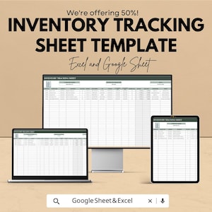 May include: An advertisement for an inventory tracking sheet template. The image shows a laptop, a desktop monitor, and a tablet displaying the template. The text reads "We're offering 50%! INVENTORY TRACKING SHEET TEMPLATE Excel and Google Sheet."