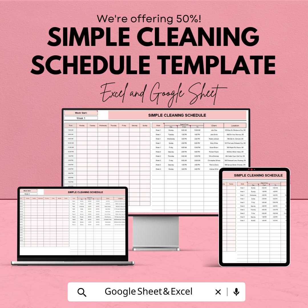 Simple Cleaning Schedule Template | Google Sheets & Excel | Editable ...