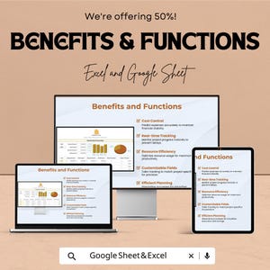 Pu&ograve; includere: Una pubblicit&agrave; che mostra i vantaggi e le funzioni di Excel e Google Sheets. L'immagine mostra un laptop, un monitor desktop e un tablet, ognuno dei quali mostra le funzionalit&agrave; del software, tra cui il controllo dei costi e il monitoraggio in tempo reale. Il testo recita "Offriamo il 50%!"