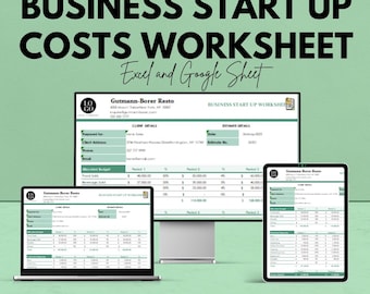 Op de afbeelding: Een advertentie voor een werkblad voor opstartkosten van een bedrijf. De afbeelding toont een laptop, een desktopmonitor en een tablet met het werkblad. De tekst bevat "Business Start Up Costs Worksheet" en "Excel and Google Sheet."
