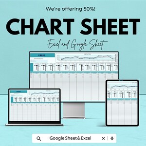 Peut inclure: Fond bleu turquoise avec le texte "We're offering 50%! CHART SHEET Excel and Google Sheet." Un ordinateur portable, un moniteur de bureau et une tablette affichent une feuille de graphique. Le bas de l'image contient une barre de recherche avec le texte "Google Sheet & Excel."