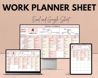 Puede incluir: Una hoja de planificación de trabajo digital que se muestra en un monitor de computadora, una computadora portátil y una tableta. El texto en la pantalla dice "WORK PLANNER" y "Excel and Google Sheet". La imagen también incluye el texto "We're offering 50%!" y "Google Sheet & Excel."