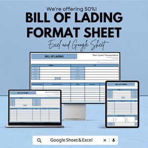 Può includere: Una pubblicità per un foglio di formato polizza di carico, disponibile nei formati Excel e Google Sheet. L'immagine mostra il documento visualizzato su un monitor di computer, un laptop e un tablet. Il testo include "We're offering 50%!" e "Google Sheet & Excel."