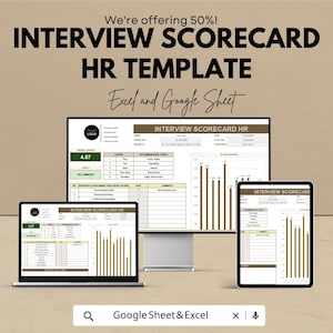 May include: An advertisement for an interview scorecard HR template, displayed on a laptop, desktop monitor, and tablet. The text includes "Interview Scorecard HR Template" and "Excel and Google Sheet". The overall rating is 4.67.