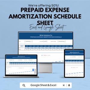 May include: A digital display of a prepaid expense amortization schedule, viewable on a laptop, desktop monitor, and tablet. The text on the screen reads "Write Solutions Co. PREPAID EXPENSE AMORTIZATION SCHEDULE". The image also includes the text "Google Sheet & Excel".