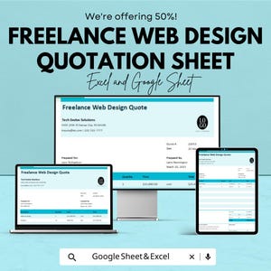 Op de afbeelding: Een promotieafbeelding voor freelance webdesign services. De tekst luidt "Freelance Web Design Quotation Sheet" met "Excel and Google Sheet" eronder. De afbeelding toont een laptop, een desktopmonitor en een tablet met een webdesign offerte.