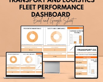 May include: A digital dashboard for transport and logistics fleet performance, displayed on a laptop, desktop monitor, and tablet. The dashboard shows data visualizations and the text "TRANSPORT AND LOGISTICS FLEET PERFORMANCE DASHBOARD Excel and Google Sheet".