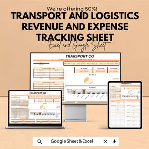 Puede incluir: Imagen promocional de una hoja de seguimiento de ingresos y gastos de transporte y logística. La imagen muestra un portátil, un monitor de escritorio y una tableta que muestran la hoja. El texto dice "TRANSPORT AND LOGISTICS REVENUE AND EXPENSE TRACKING SHEET" y "Excel and Google Sheet."