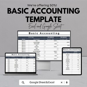 May include: An advertisement for a basic accounting template, displayed on a laptop, desktop monitor, and tablet. The text reads "Basic Accounting Template Excel and Google Sheet". The template shows columns for date, account, debit, and credit.