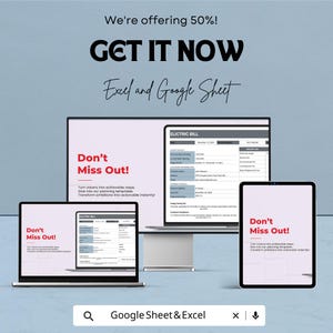 May include: An advertisement promoting Excel and Google Sheet templates. The image shows a laptop, desktop monitor, and tablet displaying a spreadsheet and the text "Don't Miss Out!". The ad offers a 50% discount.