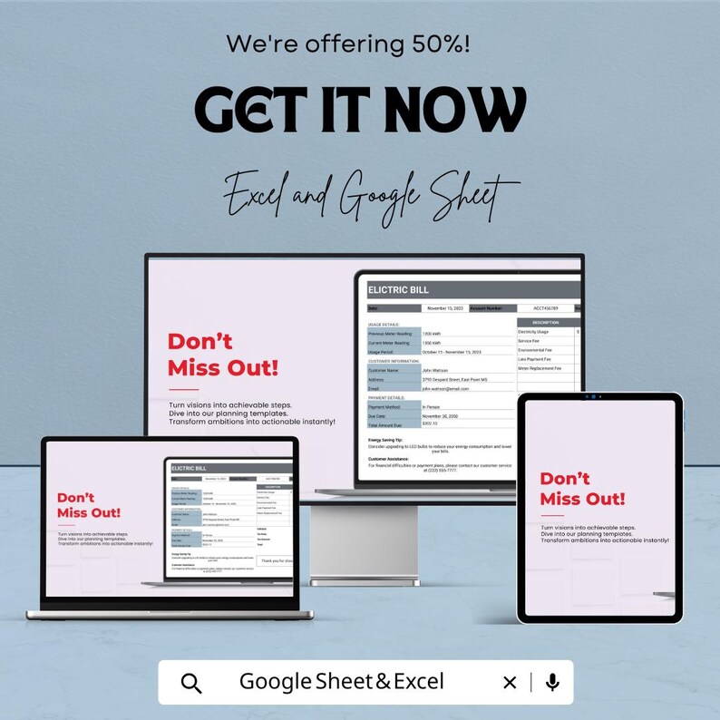 May include: An advertisement promoting Excel and Google Sheet templates. The image shows a laptop, desktop monitor, and tablet displaying a spreadsheet and the text "Don't Miss Out!". The ad offers a 50% discount.