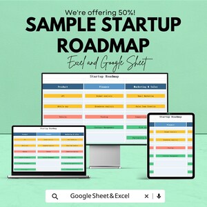 May include: A digital mockup of a startup roadmap displayed on a desktop monitor, laptop, and tablet. The roadmap is divided into sections for Product, Finance, and Marketing & Sales. Text includes "We're offering 50%! SAMPLE STARTUP ROADMAP Excel and Google Sheet."
