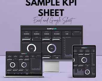 May include: An advertisement for a Sample KPI Sheet, displayed on a laptop, desktop monitor, and tablet. The text reads "We're offering 50%! SAMPLE KPI SHEET Excel and Google Sheet." The screens show data visualizations with charts and graphs, with the search term "Google Sheet & Excel" at the bottom.