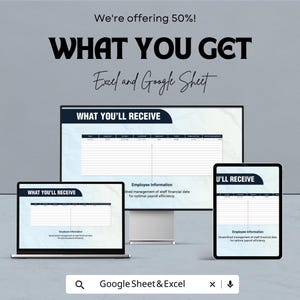 Pode incluir: Um an&uacute;ncio que promove modelos Excel e Google Sheet. A imagem mostra um laptop, um monitor de mesa e um tablet exibindo uma planilha intitulada "WHAT YOU'LL RECEIVE". O texto inclui "Employee Information" e "Streamlined management of staff financial data for optimal payroll efficiency."