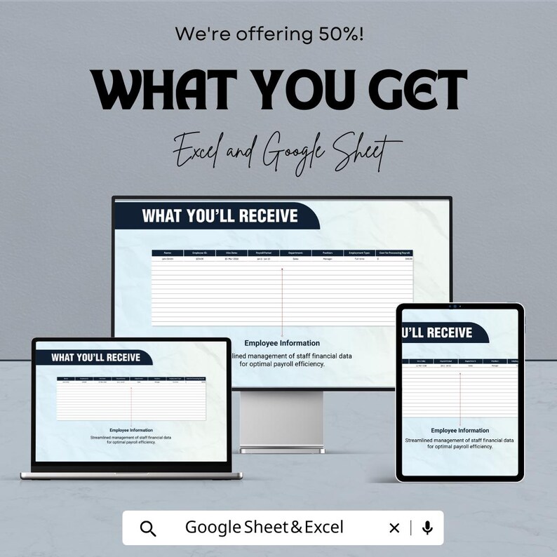 Pode incluir: Um an&uacute;ncio que promove modelos Excel e Google Sheet. A imagem mostra um laptop, um monitor de mesa e um tablet exibindo uma planilha intitulada "WHAT YOU'LL RECEIVE". O texto inclui "Employee Information" e "Streamlined management of staff financial data for optimal payroll efficiency."