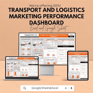 Puede incluir: Imagen promocional de un panel de rendimiento de marketing de transporte y logística, mostrado en un portátil, un monitor y una tableta. El panel es para "Excel y Google Sheet" y muestra métricas como la generación de clientes potenciales.