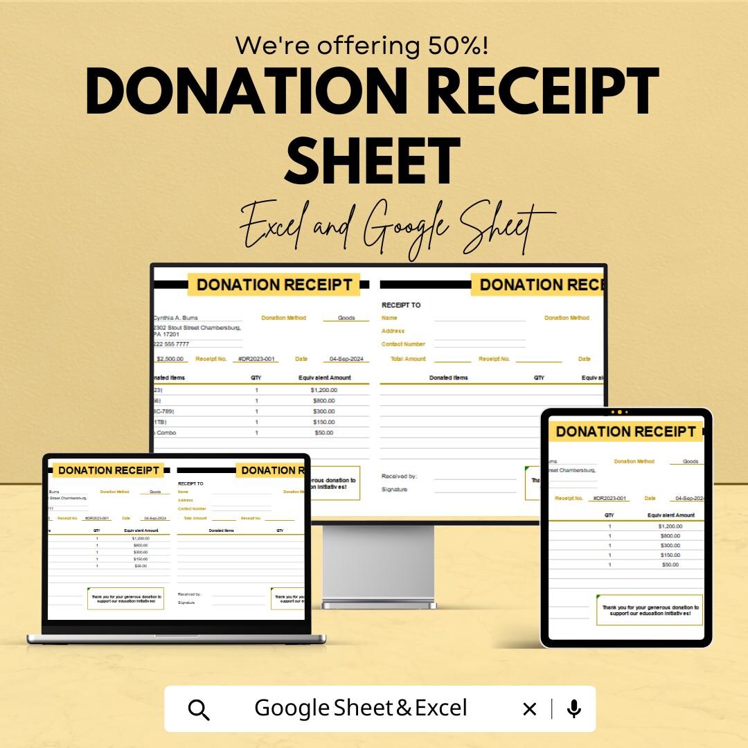 Donation Receipt Template Sheet | Excel & Google Sheet | Tax-deductible ...