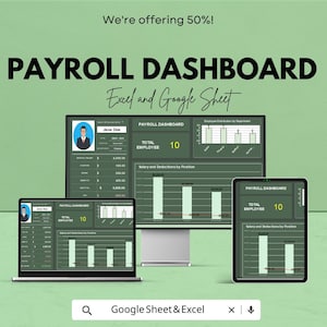 Może przedstawiać: Obraz pulpitu nawigacyjnego płac wyświetlany na laptopie, monitorze stacjonarnym i tablecie. Widoczny jest tekst "PAYROLL DASHBOARD" wraz z "Excel and Google Sheet". Obraz zawiera również tekst "We're offering 50%!" i "Google Sheet & Excel."