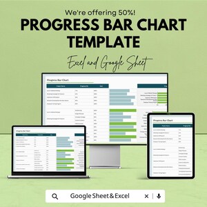 May include: A digital graphic showing a progress bar chart template on a computer monitor, laptop, and tablet. The text reads "PROGRESS BAR CHART TEMPLATE" and "Excel and Google Sheet". The background is a light green color.