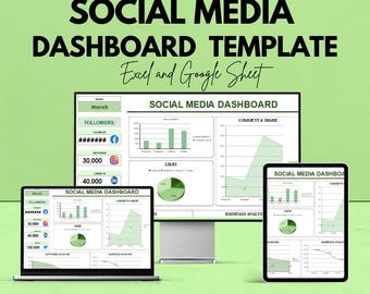 May include: A digital marketing graphic with the text "SOCIAL MEDIA DASHBOARD TEMPLATE" and "Excel and Google Sheet." The image shows a computer monitor, laptop, and tablet displaying social media analytics charts and graphs. The background is light green.