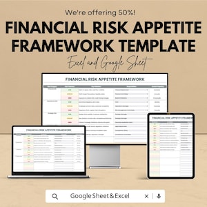 Puede incluir: Una plantilla digital para un Marco de Apetito de Riesgo Financiero, que se muestra en una computadora portátil, un monitor de escritorio y una tableta. El texto incluye "We're offering 50%!" y "Excel and Google Sheet".