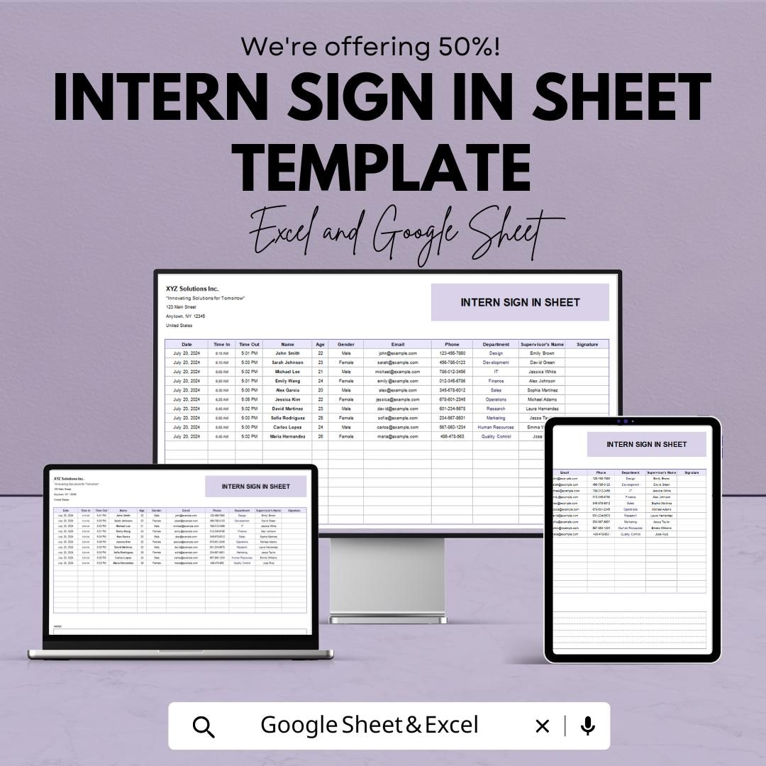 Intern Sign in Sheet Template | Attendance Tracker Excel | Intern Hours ...
