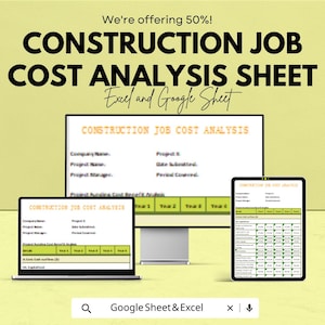 Construction Job Cost Analysis Sheet | Excel & Google Sheet | Track and Manage Project Finances | 50% Off | Instant Download