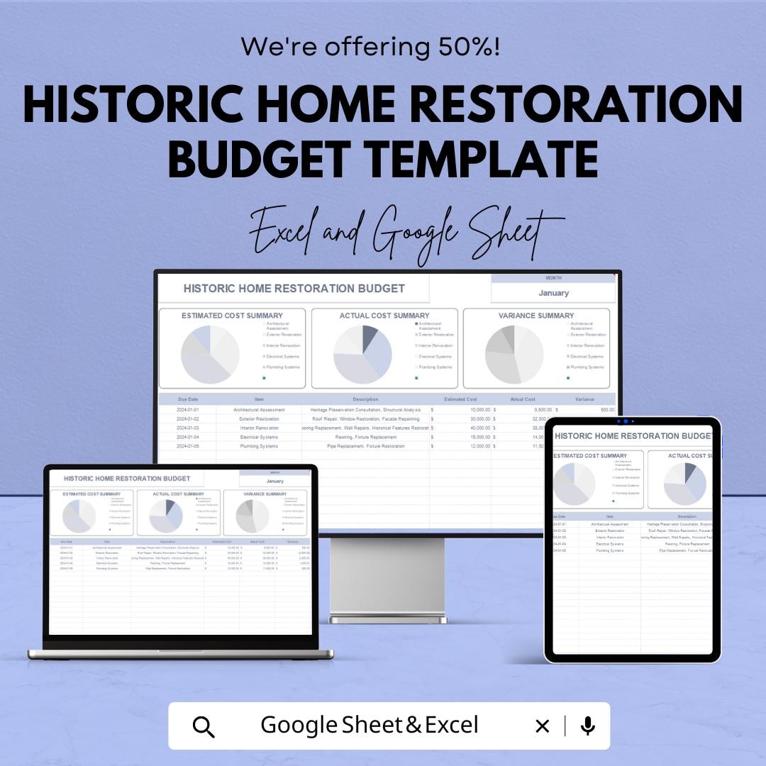 Historic Home Restoration Budget Template | Excel & Google Sheets ...