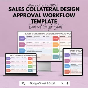 Op de afbeelding: Een digitale sjabloon voor de workflow voor goedkeuring van het ontwerp van verkoopmateriaal, weergegeven op een laptop, desktopmonitor en tablet. De sjabloon is voor Excel en Google Sheets, met een paarse achtergrond en de tekst "We're offering 50%!"