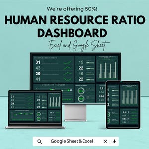 May include: A digital dashboard display with the text "HUMAN RESOURCE RATIO DASHBOARD" and "Excel and Google Sheet." The display shows data visualizations on a computer monitor, laptop, and tablet. The background is a teal color.