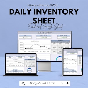 Könnte beinhalten: Ein digitales Marketingbild, das ein tägliches Inventarblatt für Excel und Google Sheet bewirbt. Das Bild zeigt einen Laptop, einen Desktop-Monitor und ein Tablet, die das Blatt anzeigen, mit dem Text "We're offering 50%!" und "DAILY INVENTORY SHEET".