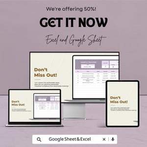 K&ouml;nnte beinhalten: Werbebild mit dem Text "We're offering 50%! GET IT NOW Excel and Google Sheet". Das Bild zeigt einen Laptop, einen Desktop-Monitor und ein Tablet, die einen Beispiel-Tracker anzeigen. Der Text "Don't Miss Out!" wird ebenfalls angezeigt.