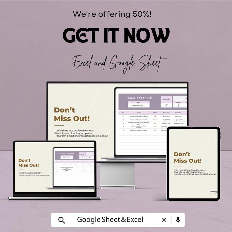 K&ouml;nnte beinhalten: Werbebild mit dem Text "We're offering 50%! GET IT NOW Excel and Google Sheet". Das Bild zeigt einen Laptop, einen Desktop-Monitor und ein Tablet, die einen Beispiel-Tracker anzeigen. Der Text "Don't Miss Out!" wird ebenfalls angezeigt.