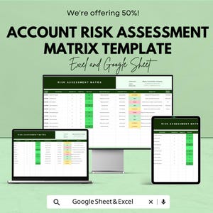May include: A digital display of an account risk assessment matrix template, viewable on a laptop, desktop monitor, and tablet. The text reads "ACCOUNT RISK ASSESSMENT MATRIX TEMPLATE Excel and Google Sheet". The background is a light green color.