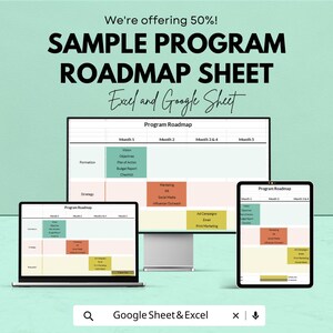 Pode incluir: Uma folha de roteiro de programa de marketing digital exibida em um monitor de computador, laptop e tablet. O texto inclui "Sample Program Roadmap Sheet" e "Excel and Google Sheet". O roteiro é dividido em seções mensais com tarefas de marketing.