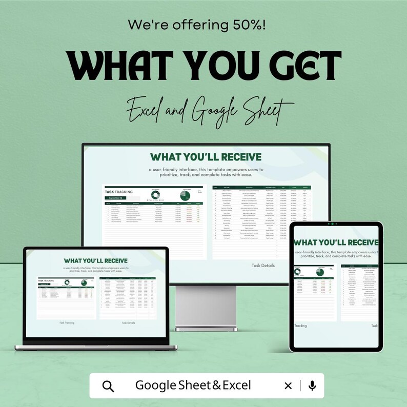 K&ouml;nnte beinhalten: Ein Bild, das eine digitale Vorlage f&uuml;r Excel und Google Sheets zeigt. Der Text lautet &bdquo;WAS SIE BEKOMMEN&ldquo; und &bdquo;WAS SIE ERHALTEN&ldquo;, wobei die Funktionen zur Aufgabenverfolgung hervorgehoben werden. Das Bild enth&auml;lt einen Laptop, einen Desktop-Monitor und ein Tablet, auf denen die Vorlage angezeigt wird.