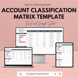 Puede incluir: Una plantilla digital para la clasificación de cuentas, que se muestra en un monitor de ordenador, un portátil y una tableta. El texto dice "ACCOUNT CLASSIFICATION MATRIX TEMPLATE" y "Excel and Google Sheet". La imagen tiene un fondo rosa y ofrece un 50% de descuento.