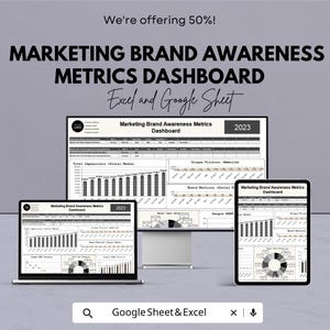 Könnte beinhalten: Ein digitales Marketing-Dashboard, das auf einem Laptop, Tablet und Monitor angezeigt wird. Das Dashboard zeigt Markenbekanntheitsmetriken mit dem Text "Marketing Brand Awareness Metrics Dashboard" und "Excel and Google Sheet". Das Bild enthält auch den Text "We're offering 50%!"