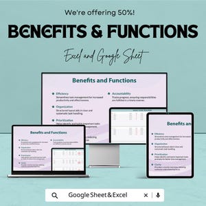 May include: A promotional image for Excel and Google Sheets, showcasing the benefits and functions of the software. The image features a laptop, tablet, and monitor displaying the software's features, including efficiency, organization, and prioritization. The text "Benefits & Functions" is prominently displayed.