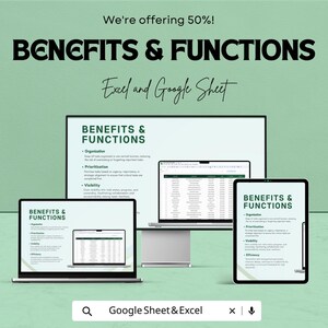 K&ouml;nnte beinhalten: Werbung f&uuml;r Excel- und Google Sheet-Vorteile und -Funktionen. Das Bild zeigt einen Laptop, einen Desktop-Monitor und ein Tablet, auf denen der Text "BENEFITS & FUNCTIONS" angezeigt wird. Der Text "We're offering 50%!" steht oben, und "Excel and Google Sheet" steht darunter.