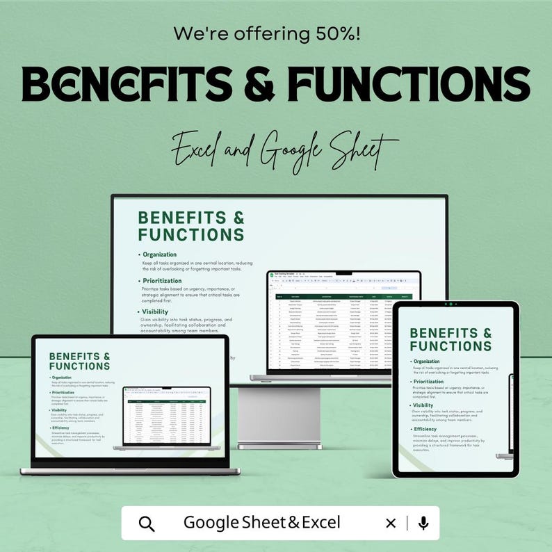 K&ouml;nnte beinhalten: Werbung f&uuml;r Excel- und Google Sheet-Vorteile und -Funktionen. Das Bild zeigt einen Laptop, einen Desktop-Monitor und ein Tablet, auf denen der Text "BENEFITS & FUNCTIONS" angezeigt wird. Der Text "We're offering 50%!" steht oben, und "Excel and Google Sheet" steht darunter.