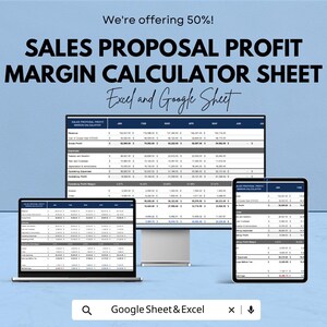Op de afbeelding: Een digitaal spreadsheet voor de winstmarge van verkoopvoorstellen, weergegeven op een laptop, een desktopmonitor en een tablet. De tekst bevat "Sales Proposal Profit Margin Calculator Sheet" en "Excel and Google Sheet". De afbeelding vermeldt ook "We're offering 50%!"