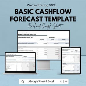 Pode incluir: Imagem promocional para um modelo básico de previsão de fluxo de caixa. O texto diz: "Estamos oferecendo 50%! MODELO DE PREVISÃO DE FLUXO DE CAIXA BÁSICO Excel e Google Sheet". O modelo é exibido em um laptop, um monitor e um tablet.
