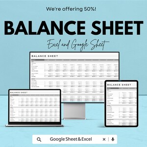 Puede incluir: Imagen promocional de una hoja de balance mostrada en un portátil, un monitor de escritorio y una tableta. El texto "BALANCE SHEET" se muestra de forma destacada, junto con "Excel and Google Sheet". Fondo azul claro y barra de búsqueda abajo.