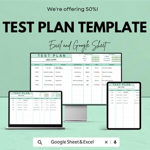 Pode incluir: Um modelo digital de plano de teste exibido em um laptop, monitor de desktop e tablet. O texto "TEST PLAN TEMPLATE" e "Excel and Google Sheet" são visíveis. A imagem também inclui o texto "We're offering 50%!"