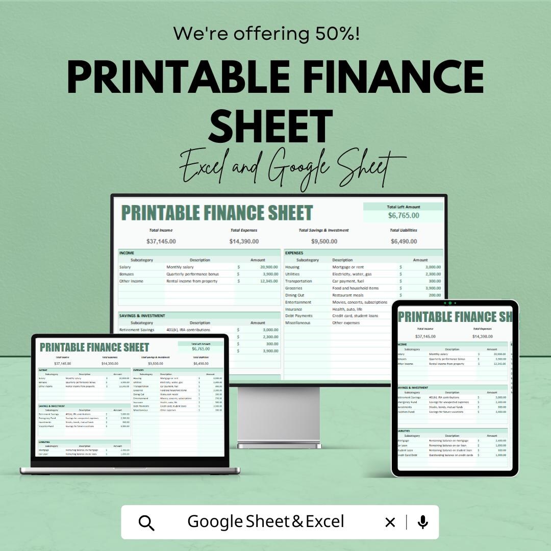 Printable Finance Sheet Template | Income and Expense Tracker | Budget ...