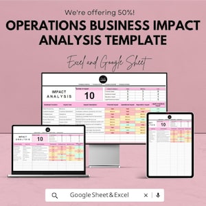 Può includere: Un modello di analisi dell'impatto aziendale delle operazioni viene visualizzato su un laptop, un monitor desktop e un tablet. Il modello include il testo "Impact Analysis" e "10". È visibile anche il testo "Excel and Google Sheet".