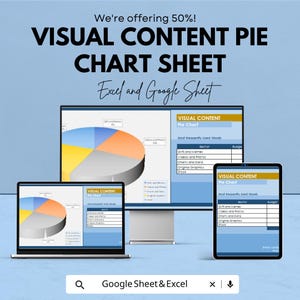 May include: A digital marketing graphic with the text "VISUAL CONTENT PIE CHART SHEET" and "Excel and Google Sheet." The image shows a laptop, desktop monitor, and tablet displaying pie charts and data tables. The background is light blue.